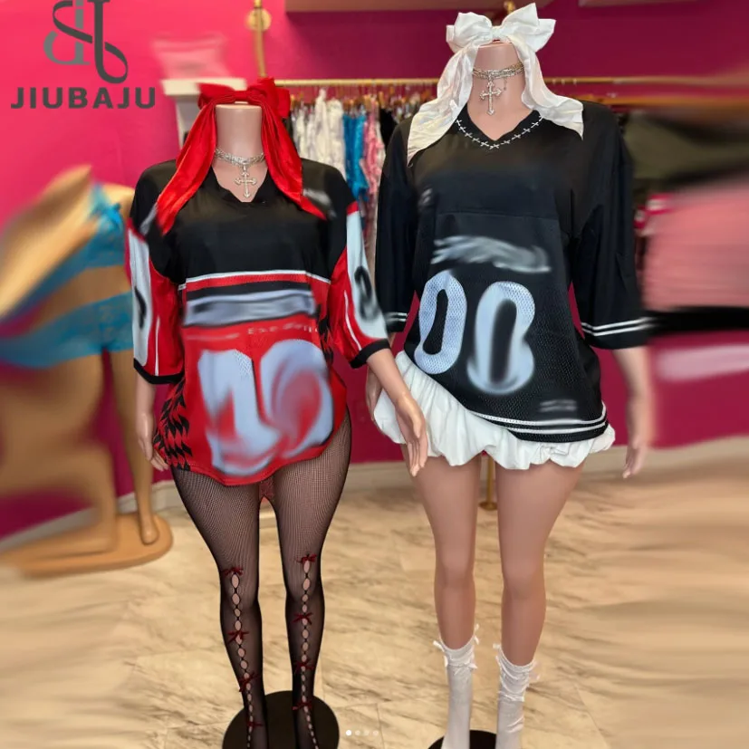 Graphic Print T Shirt Bowtie Hairpin and Stocking Three Piece Sets Women V Neck Short Sleeve Loose Top And Bubble Skirt Outfit