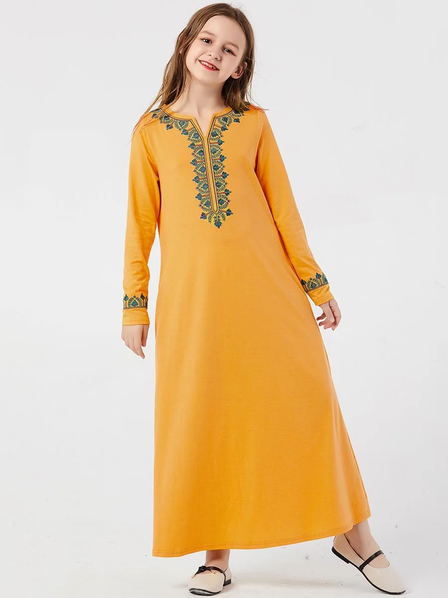 Dubai A-line Kaftan Yellow Girls Dress Spring Kids Moroccan Abaya Children Muslim Dresses
