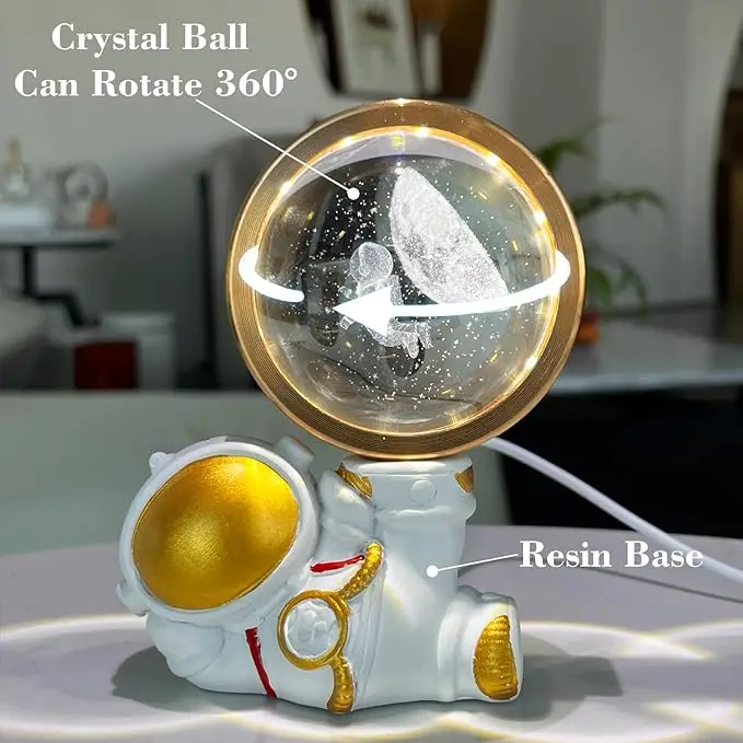 Home Decoration Luminous Galaxy Moon Crystal Ball Lamp Resin Base Astronaut Night Light Rotatable 3D Crystal Ball Saturn Lamp