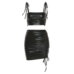 Nibber K21S00725 2021 New Arrivals Wrinkled Leathered Womens 2 Pieces Sets Streetwear Miniskirt Set Factory Wholesale Customized