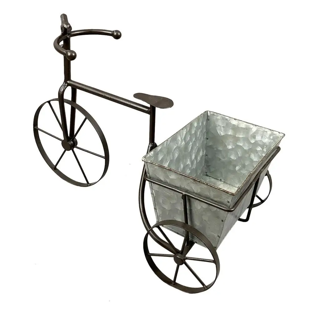 Metal Garden Black wheel barrow planter with galvanized pot