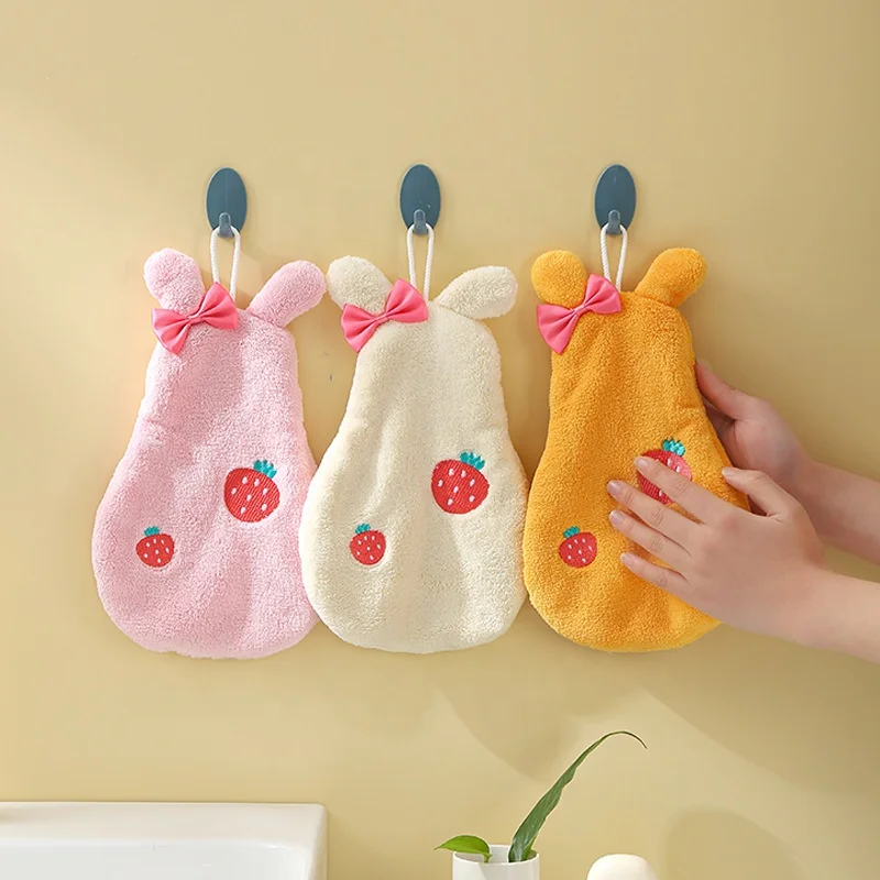 Strawberry rabbit shadow pendable coral velvet towel cartoon embroidery absorbent kitchen clean hand towel small