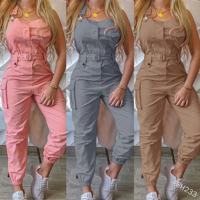 jumpsuit women casual playsuit sleevelessloose preppy style pants with belt elegant casual pocket overalls palysuts