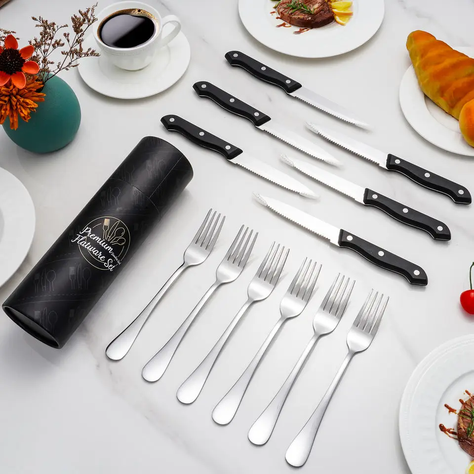 Restaurant Hotel Silverware 12 Piece Box Gift Cutlery Stainless Steel Steak Knives And Dinner Forks Flatware Set