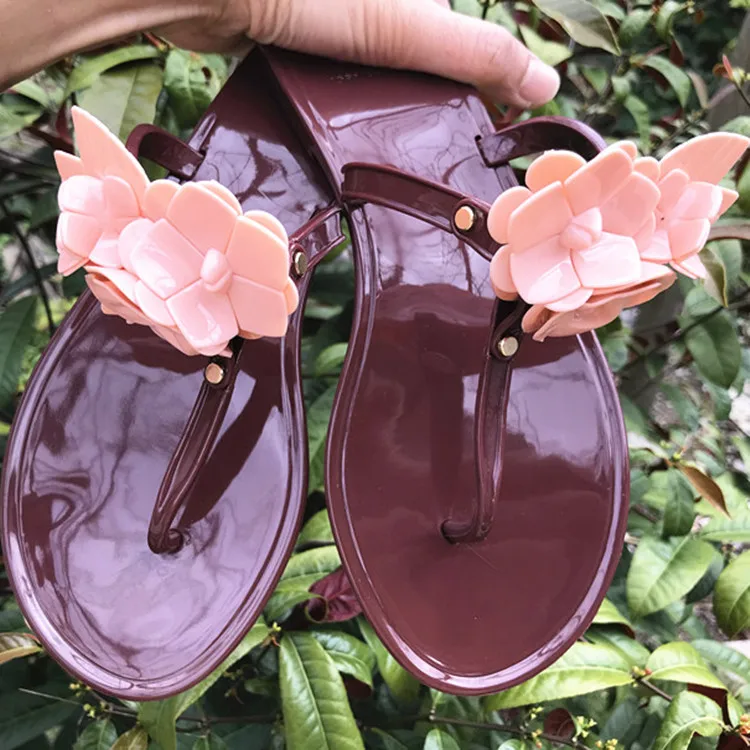 USA popular jelly ladies beach slippers girl latest three-dimensional flower  Wholesale  summer pvc footwear for yong girl