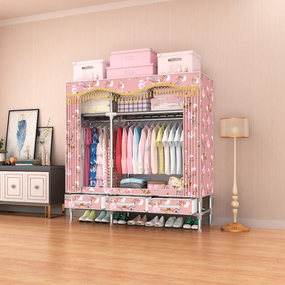 
25mm Galvanized Steel Pipe 125cm Width Clothes Wardrobe Closet with Fabric Drawers Fabric Covered Closet Portable 