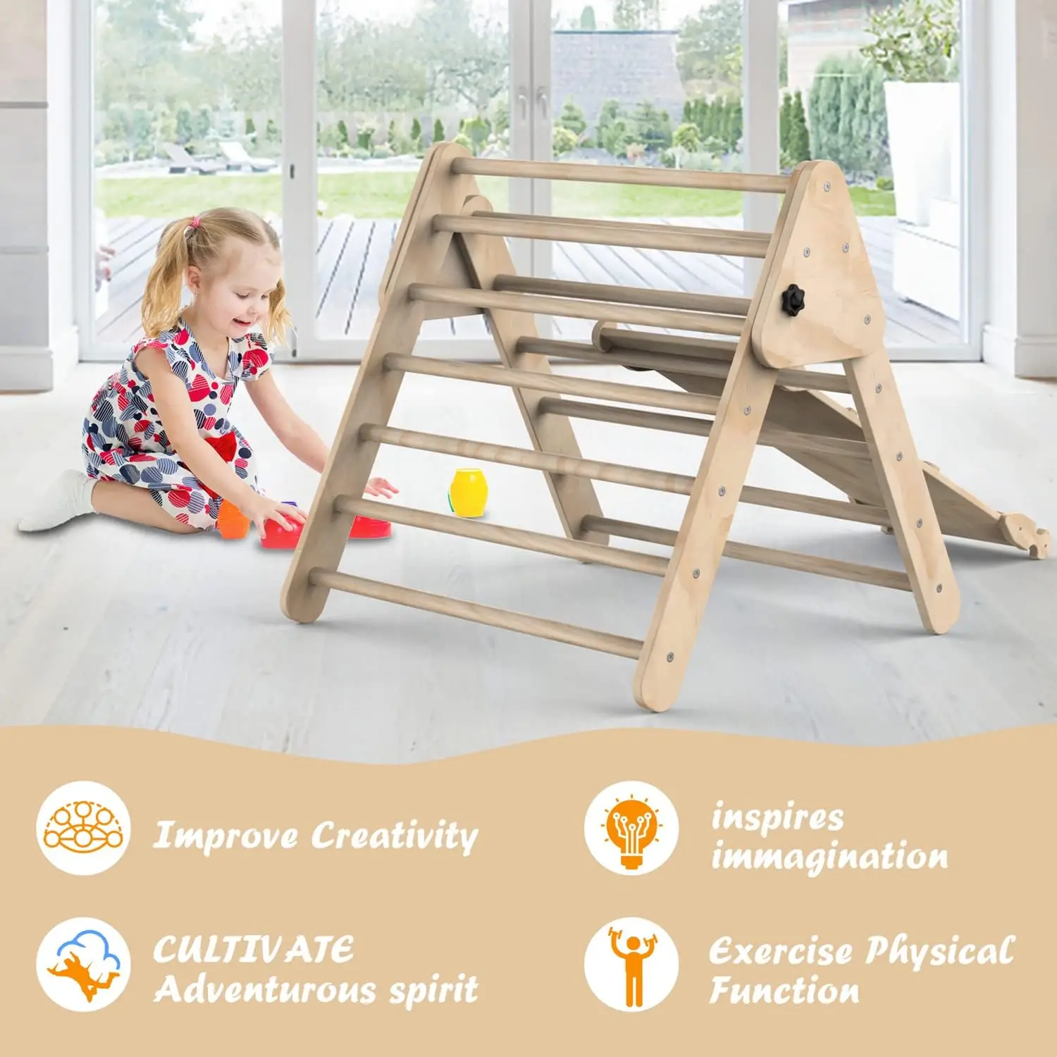 Set of 3 Wooden Safety Sturdy Kids Play Gym Foldable Climbing Triangle Ladder Toys with Ramp for Sliding or Climbing