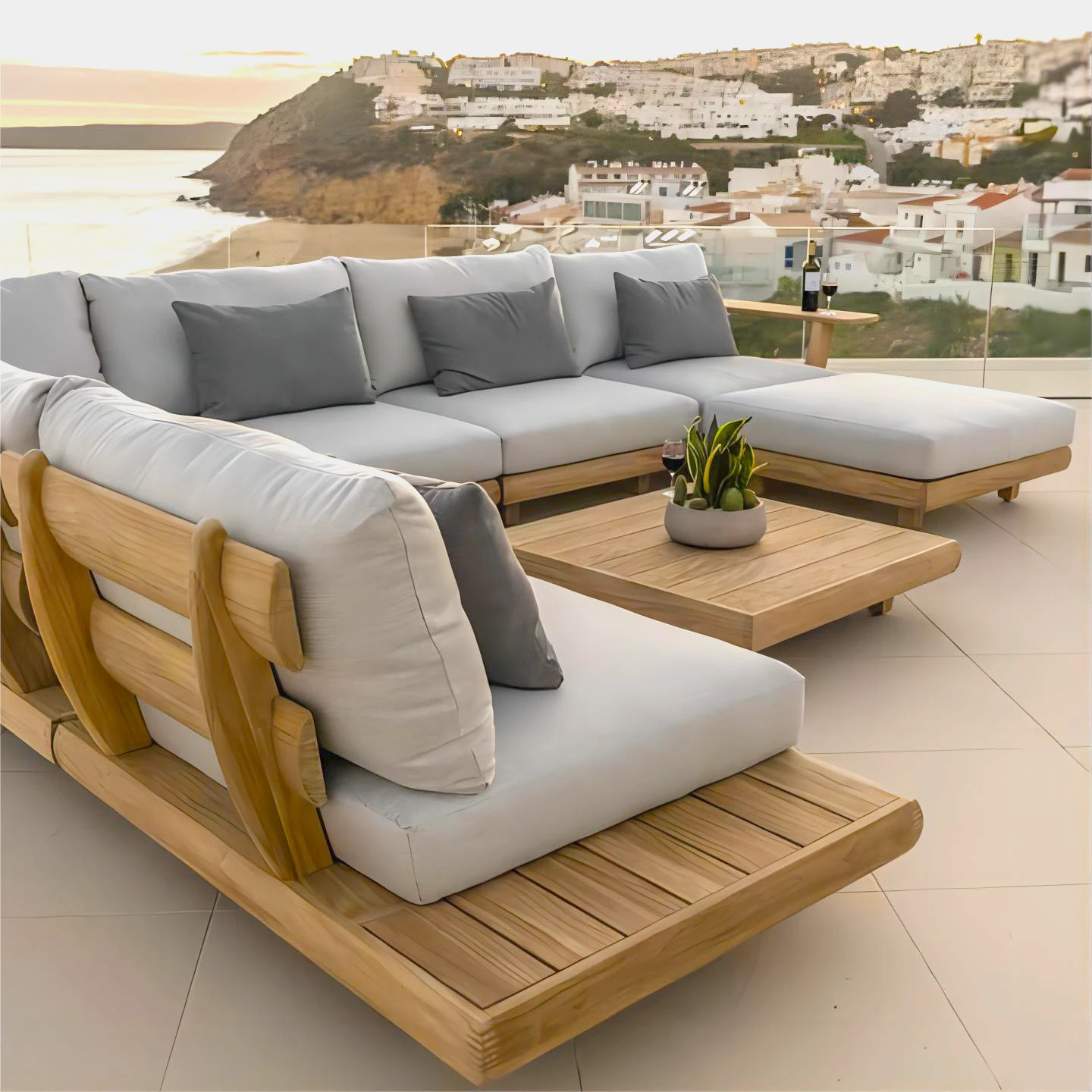 Modern Teak Wood Furniture with Cushions Sofa Set Outdoor Garden Patio Hotel Sectional Outdoor Chair