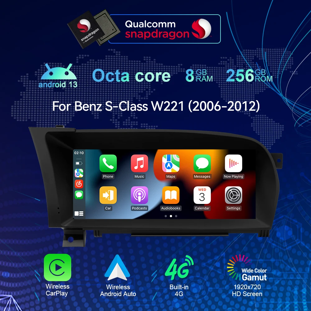 8 + 256 г 10 25 дюймов Android 13 для Mercedes Benz S Class W221 W216 2005-2013 Автомобильный мультимедийный плеер GPS Navi 4G WIFI BT Carplay