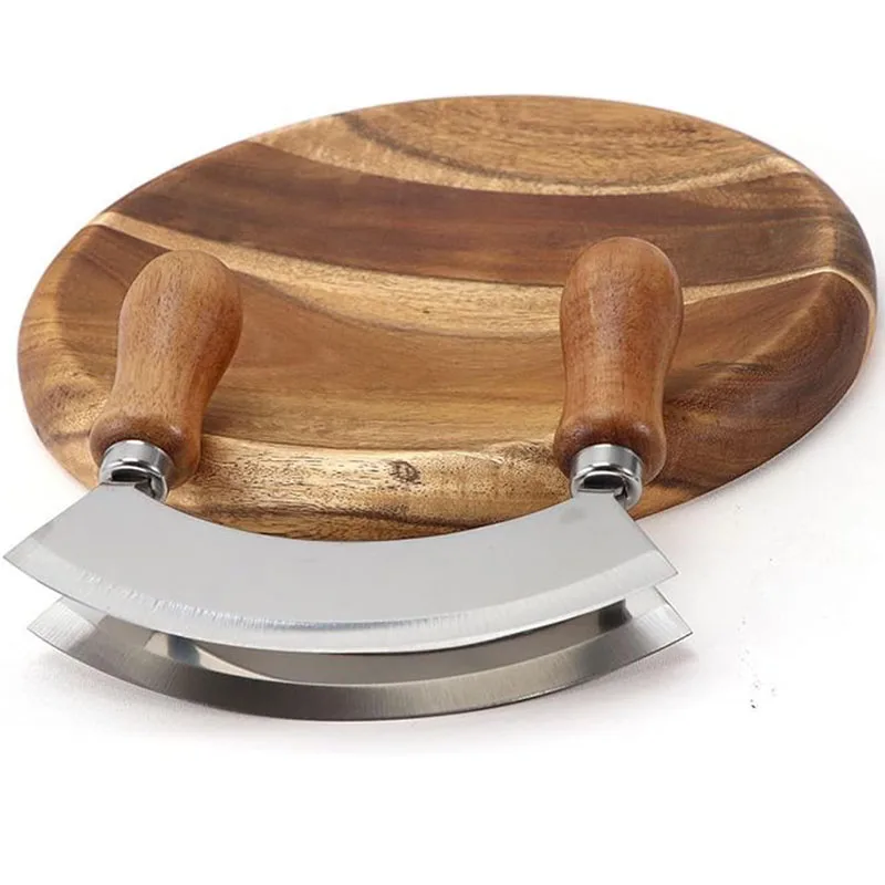 Modern Double Blade Chopping Knife Pizza Cutter Rocker Knife Mezzaluna Wood Cutting Board Knife and Round Cutting Board