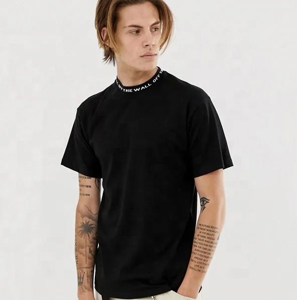 Factory custom wholesale crew neck mens t-shirt with knit collar in black