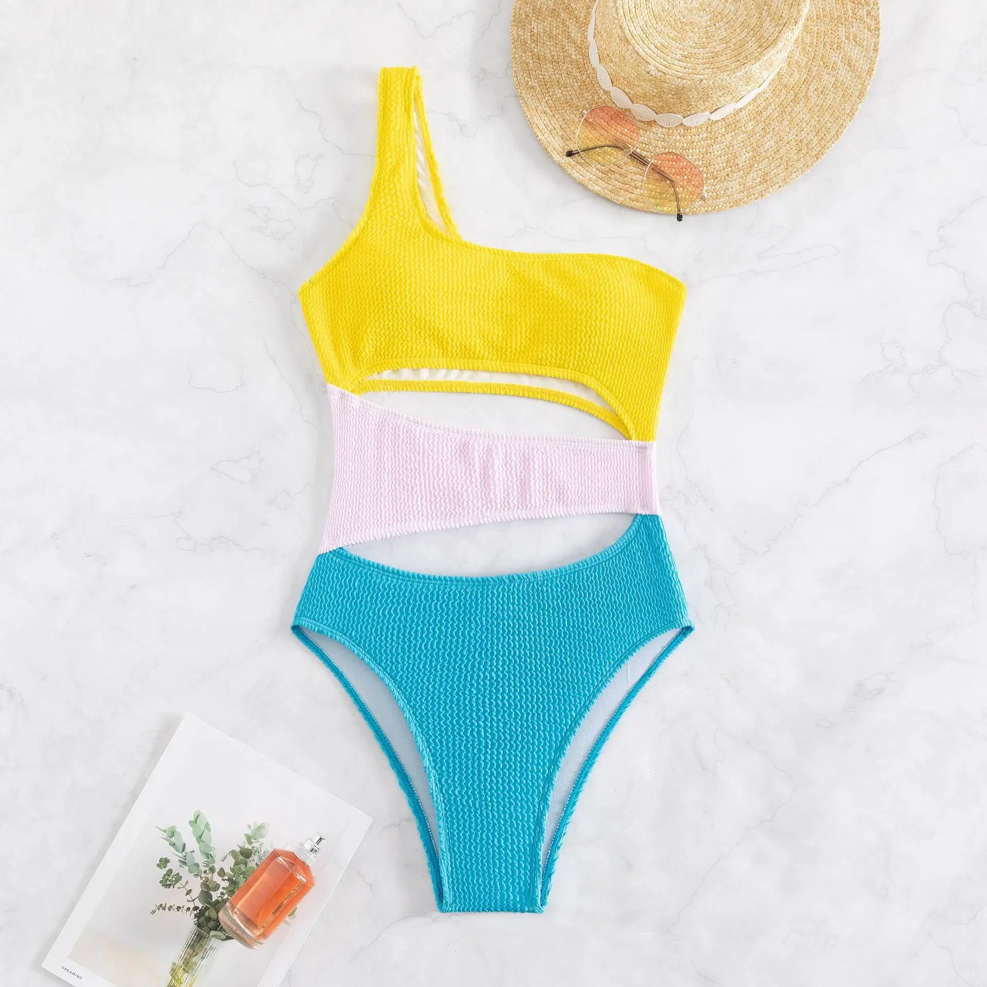 2023 Swimsuit Suppliers One Shoulder Off Luxury Monokini Swimwear Women Create Your Own Swim Wear Patchwork Cut Out Swim Suit