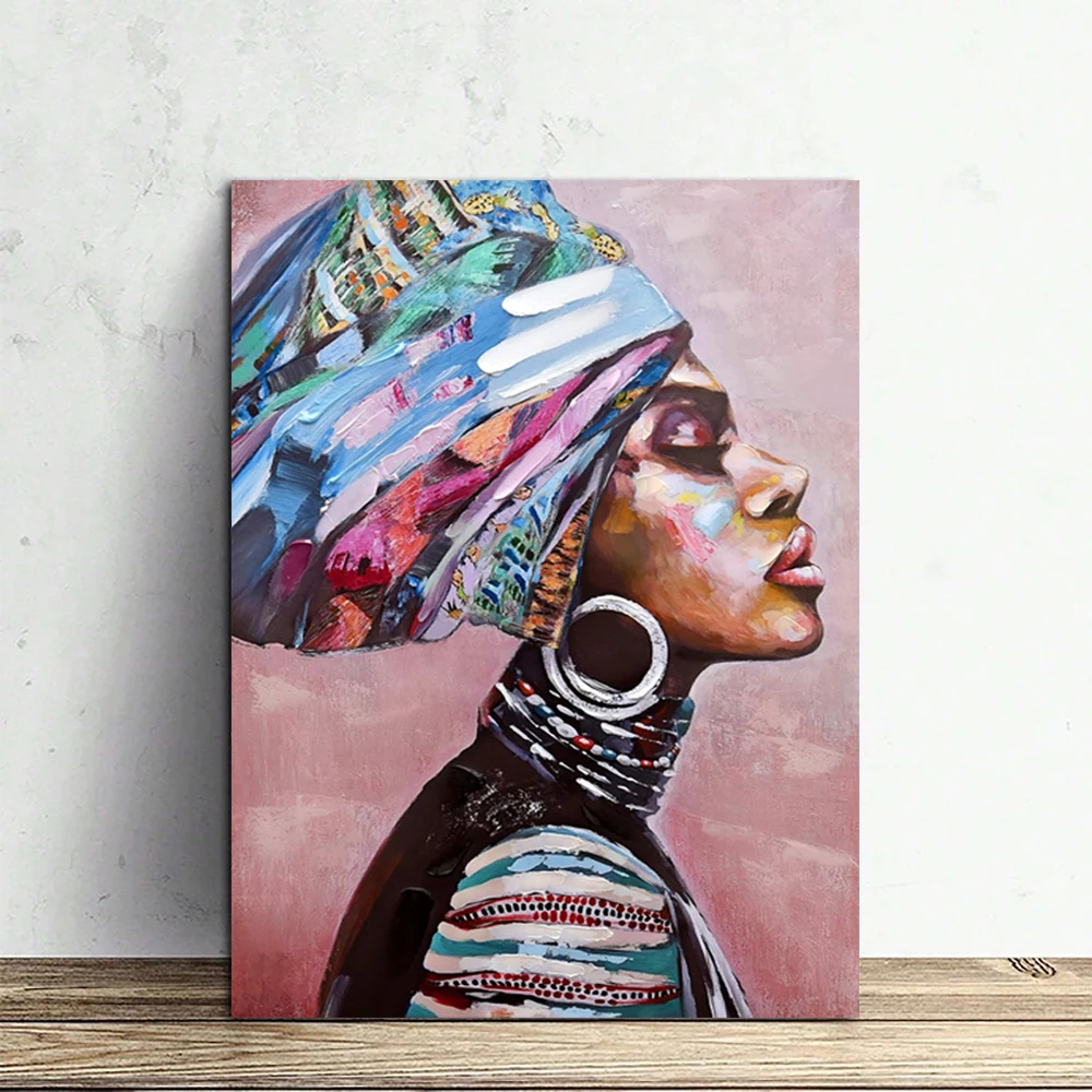 Large canvas african american black girl oil painting colorful modern woman painting