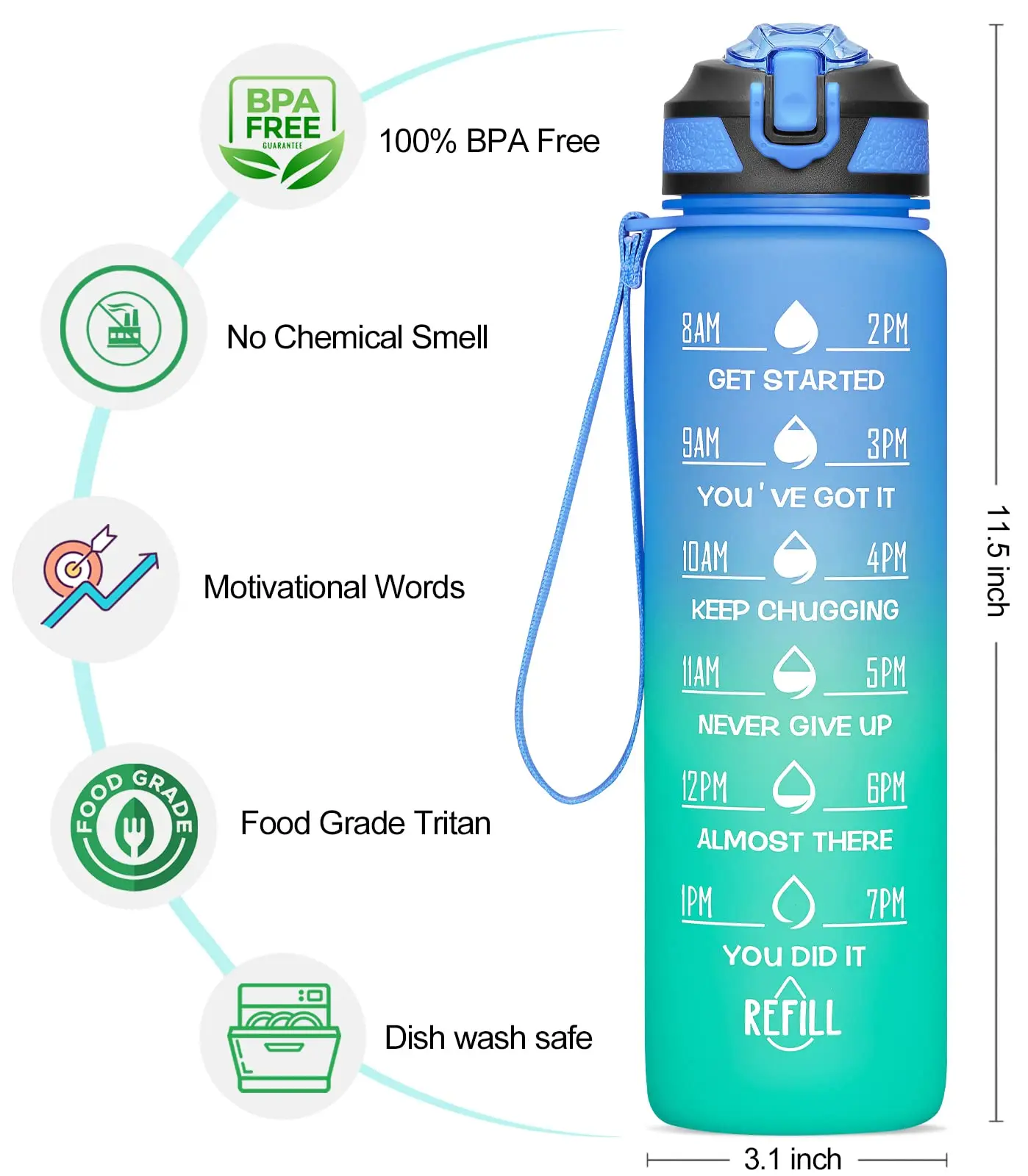 Бутылка для воды 32 унции с маркером времени ремешок переноски герметичный не содержит Бисфенол А убедитесь что вы пьете достаточное количество фитнеса тренажерного зала занятий спортом на открытом воздухе