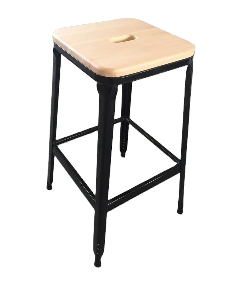 American Leisure Milk Tea Coffee Shop Retro Bar Stool Stackable Metal Iron Sheet Bar Stool with Wood Top