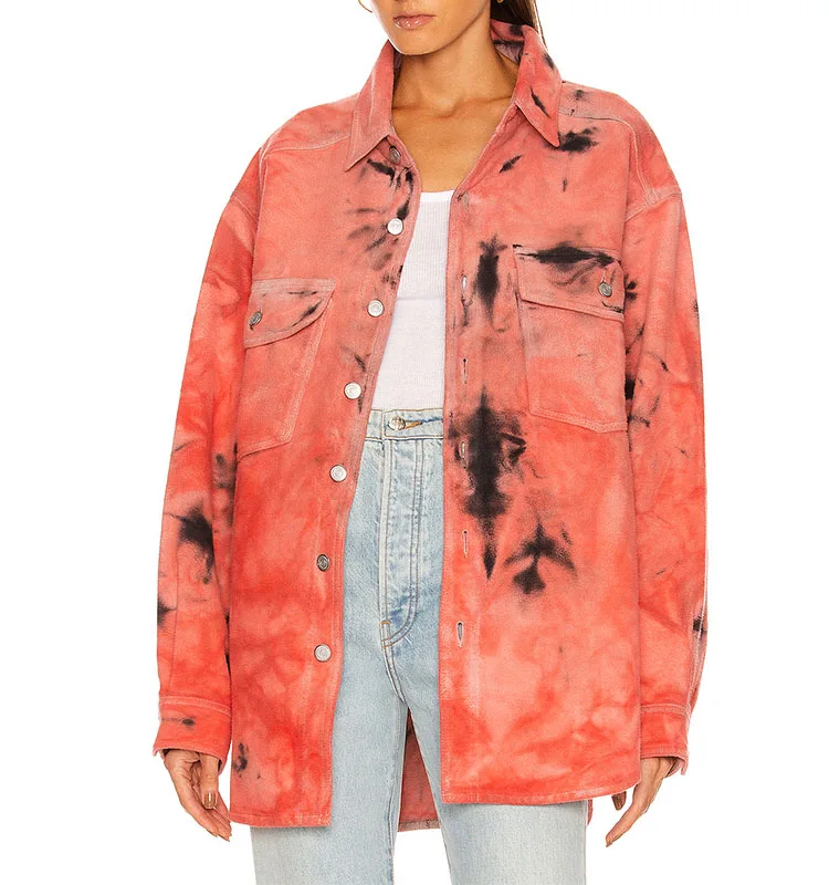 2021 Autumn Suede Tie Dye  Drop Shoulder Oversize Casual Jackets Woman
