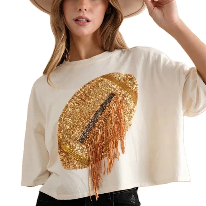2024 Europe and the United States spring and summer new solid-colour sequins tassel blouse over the head short-sleeved T-shirt