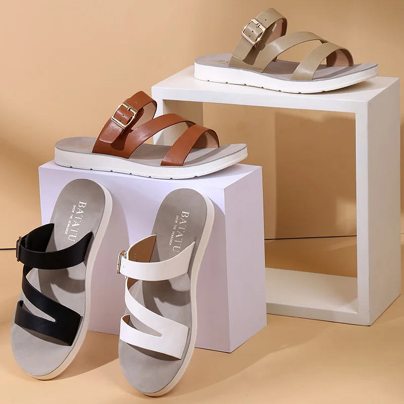 Beige Insole Print Logo Fashion Design Open Toe Girls Shoes Summer Slippers