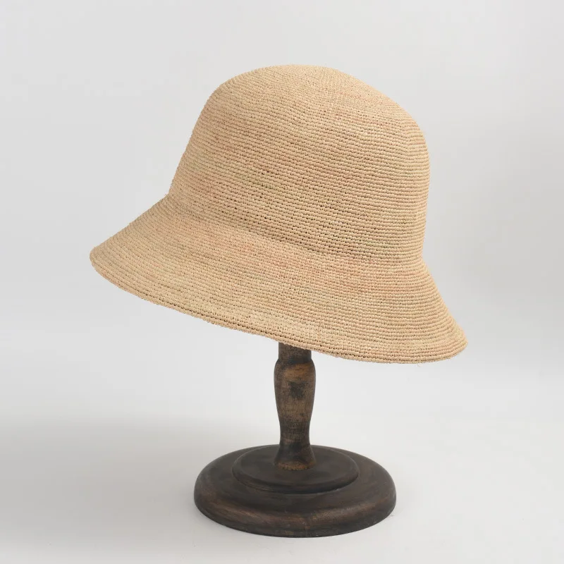 Simple casual fine hand hook raffia straw bucket hat women summer sun shade sunscreen outdoor sun bucket hat straw hat