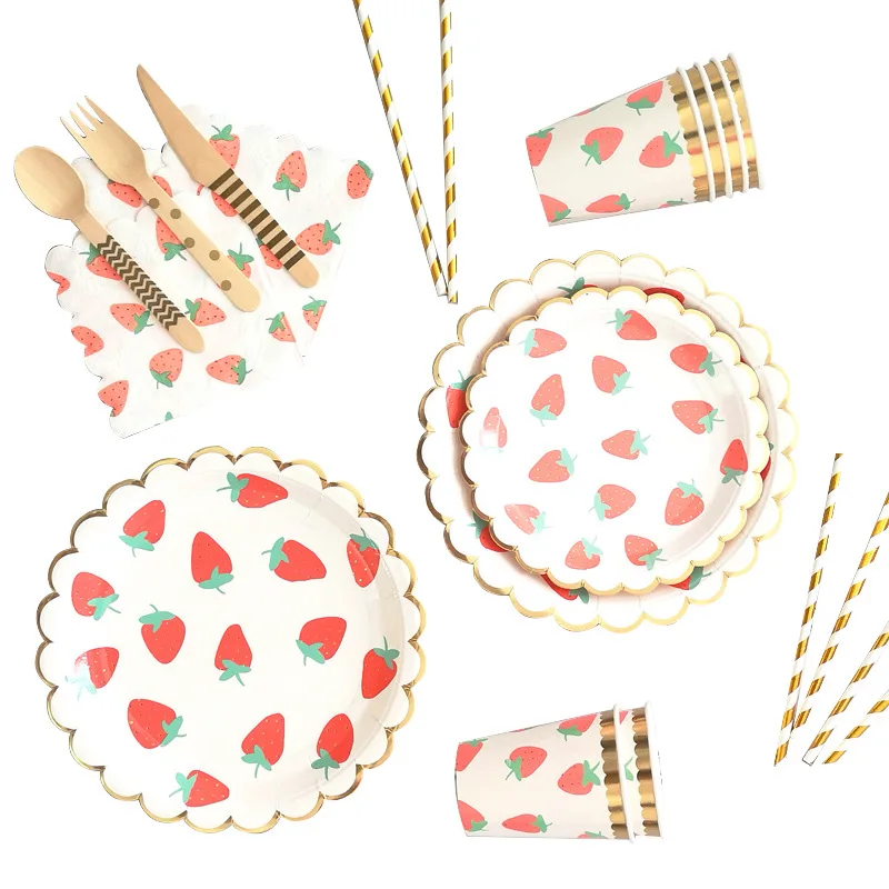 Disposable Party Supplies Strawberry Printed Cups Paper Plates Children Girls Birthday Decor