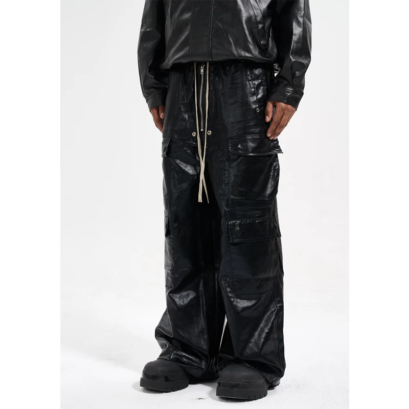 Custom label  drop ship  stock street wear stock baggy pants manufacturer men waxed stacked flared cargo pants