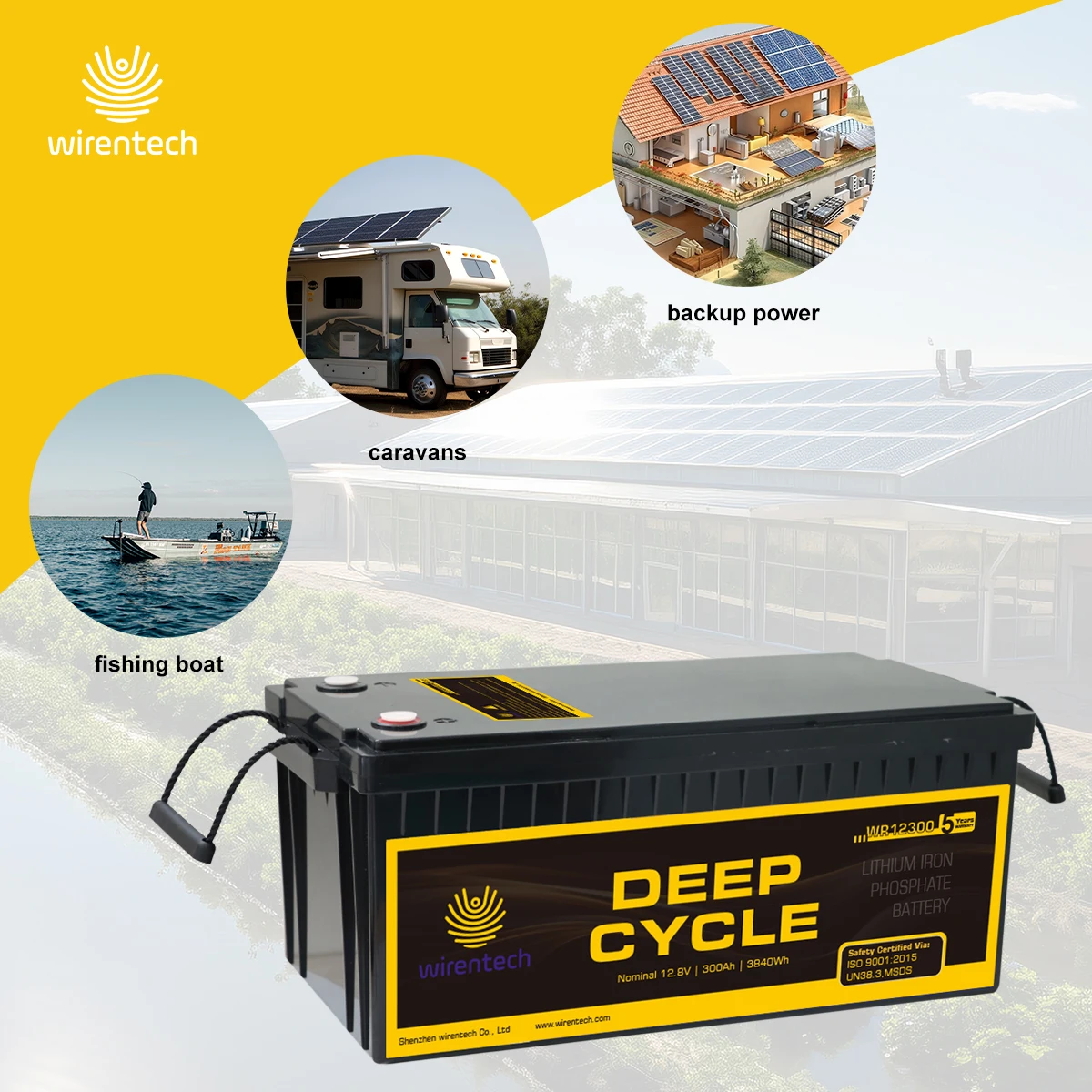 Wirentech 12V 300Ah 400Ah Lithium Ion Battery Lifepo4 Deep Cycle Home RV Truck Use BMS Protection IP65 plastic case