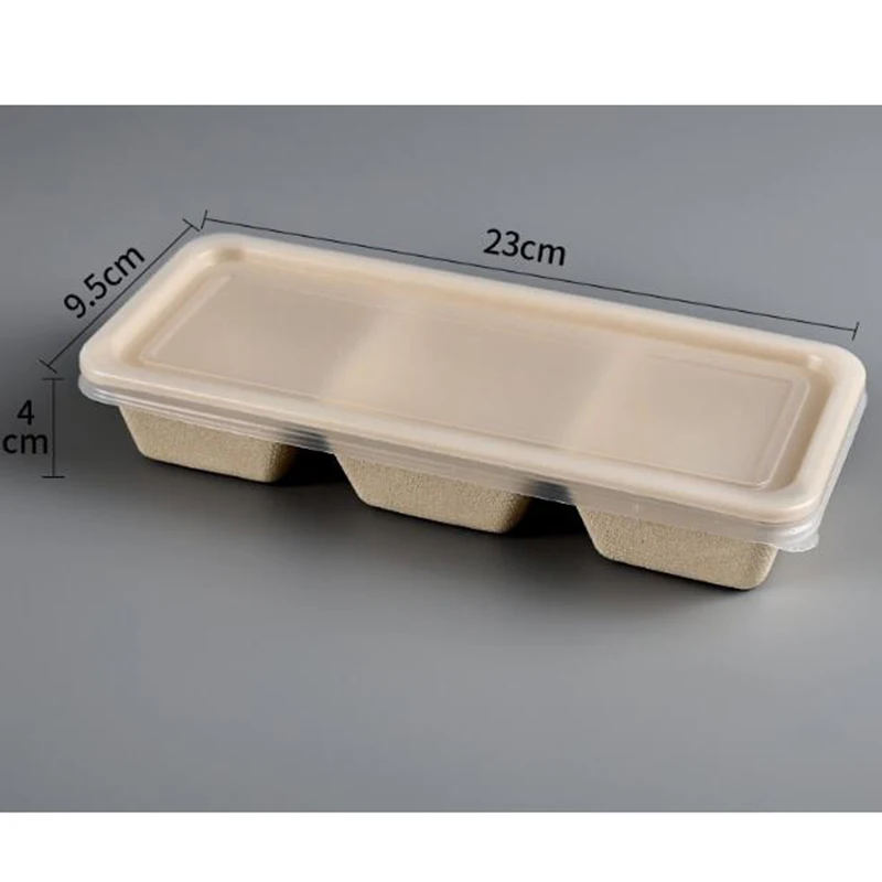 Biodegradable disposable 3 compartment rectangle take out food container box packaging