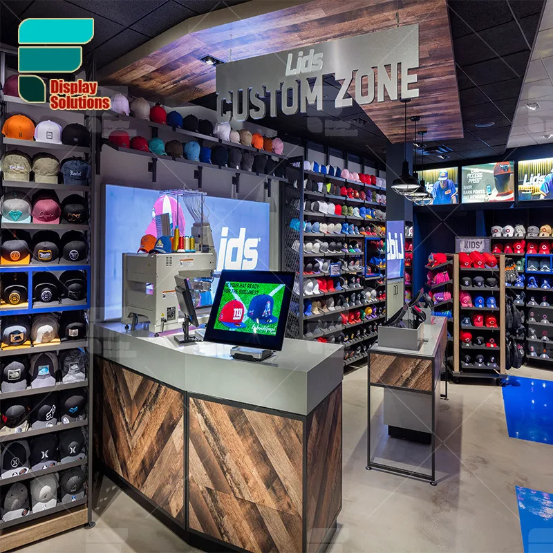 Exw Price Clothes And Hats Store Display Shelf Middle Wood Veneer Table Garment Shop Display Wall Mounted Hats Stand