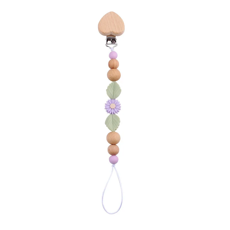 BPA Free Silicone Beads Daisy Pacifiers Clip Chain Wooden Teething Toys Baby Pacifier Clip for New Born Opp Bag Standard