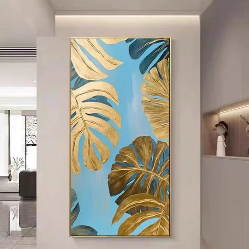 Luxury Abstract Golden leaf sky blue Landscape Acrylic Painting Floral Oil Painting Canvas Wall Art Decor for hotel lobby