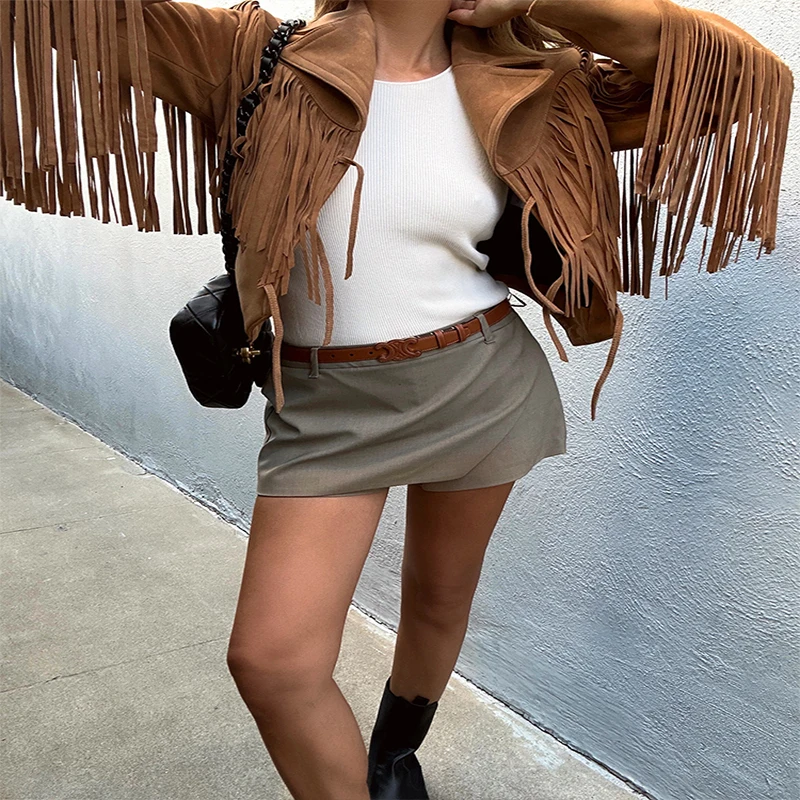New Custom Women New Fashion Faux Suede Tassel Jackets Lapel Cropped Motorcycle Jacket