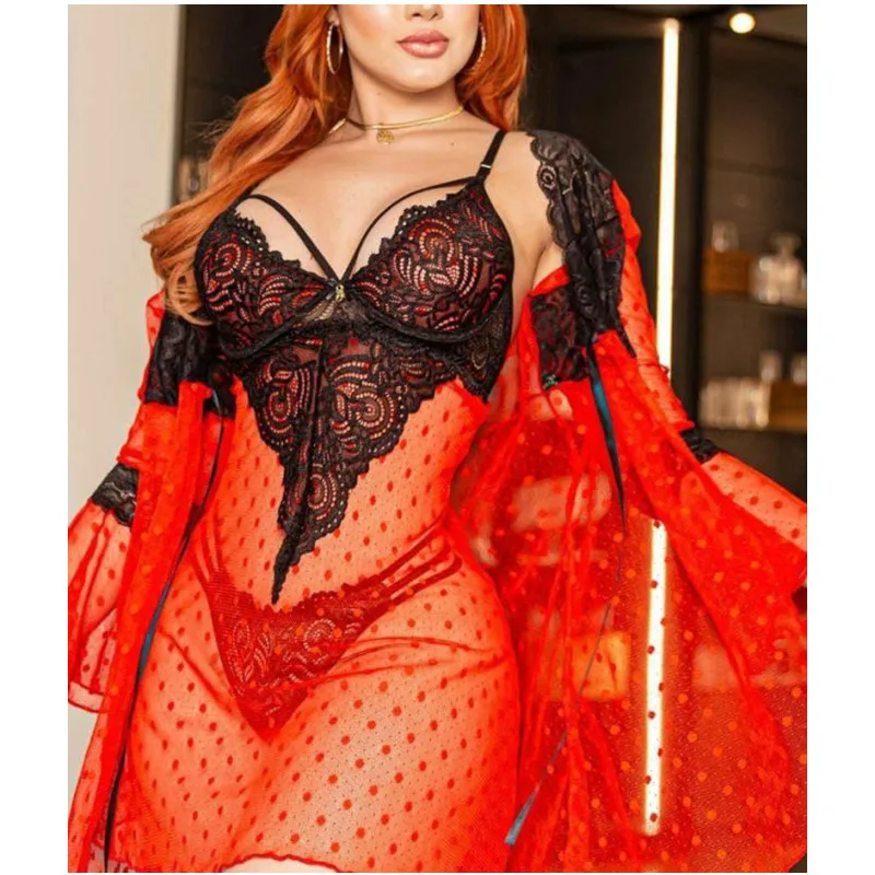 New Arrivals Deep v-Neck Dot Printing Erotic Nightdress Sheer Womens Skirts Set Sexy Lingeries Set With Thongs