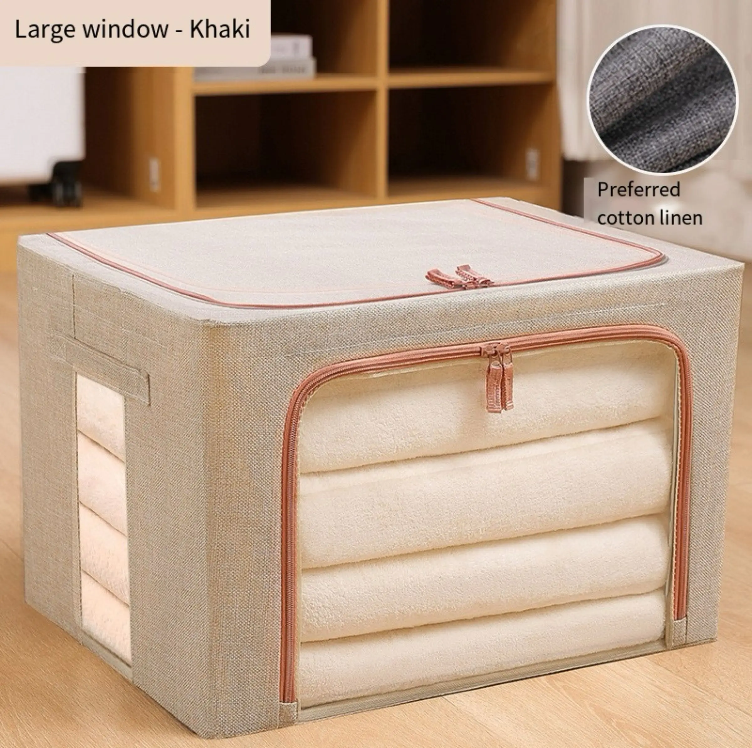 66L Custom Logo Cotton And Linen Folding Fabric Storage Boxes Large Moving Crushed Steel Frame Clothes Quilt Toy Organizer