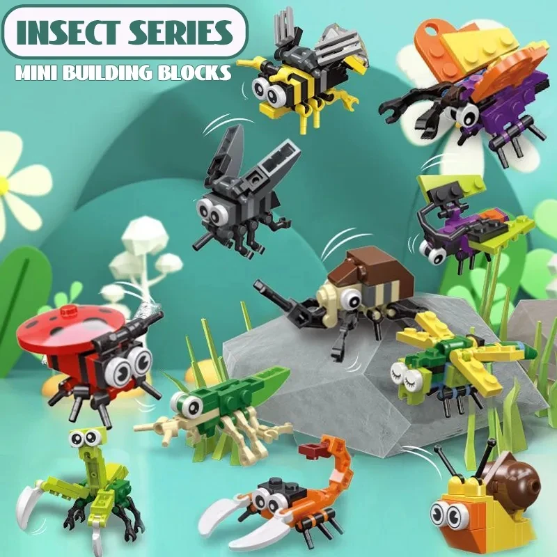 Cute Insect Building Block Mini Cartoon Mantis Spider Snail Model Set Kawaii 3D Diy Bricks Toy Collection Toys for Kids Gift