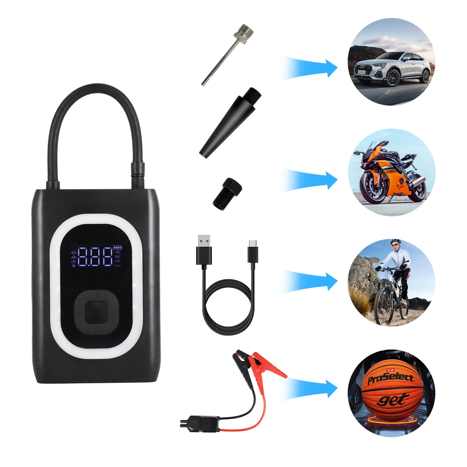 Multi-function Emergency Jump Starter Air Pump Air Compressor for Car Motorcycle Tire Inflating and Cylinder Diameter 15 mm