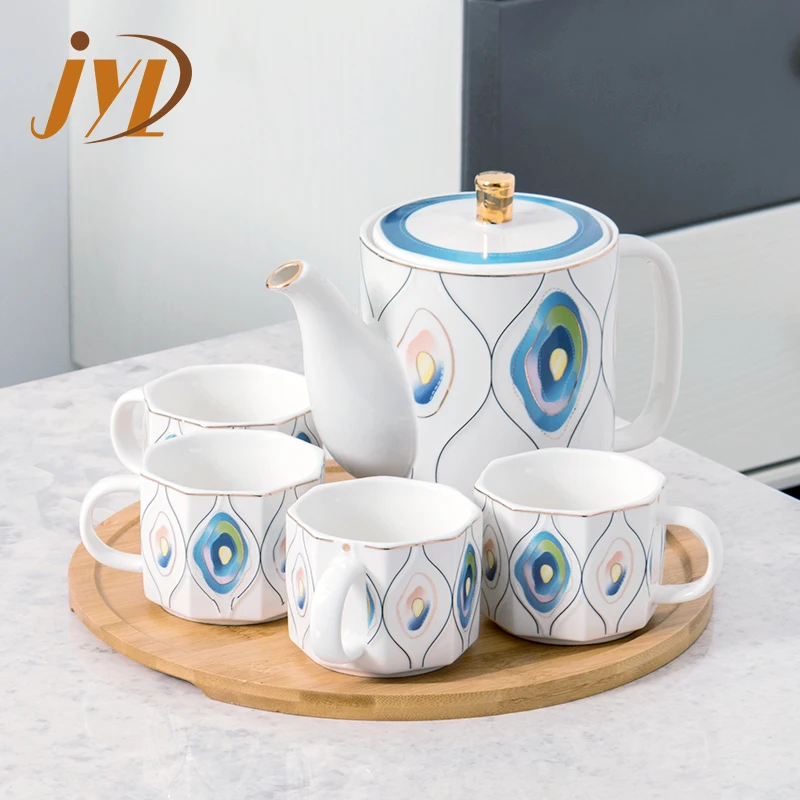 Middle Eastern Best Sell 1 Pot 4 Cups Porcelain Avocado Pattern Coffee & Tea Sets With Wooden Tray