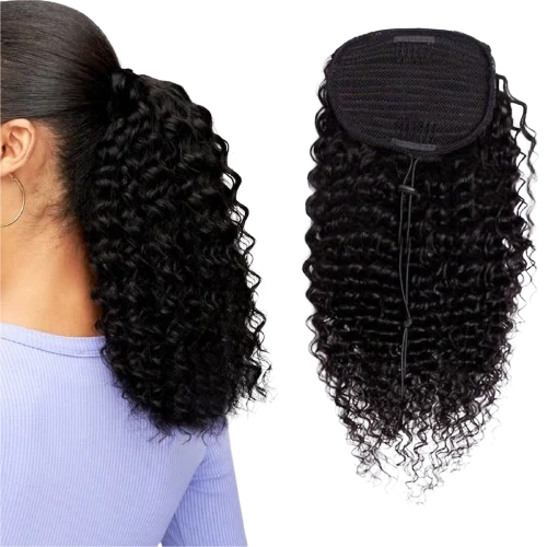 Deep Wave Drawstring Ponytail Hair Extensions 10-34Inch Ponytail With Cilp In Natural Black Color Raw Vietnamese Hair