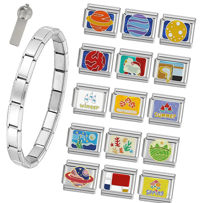 New Cute Color Planet Italian Charms Link Stainless Steel Scenery Season Planet Diy Italian Charm Bracelet