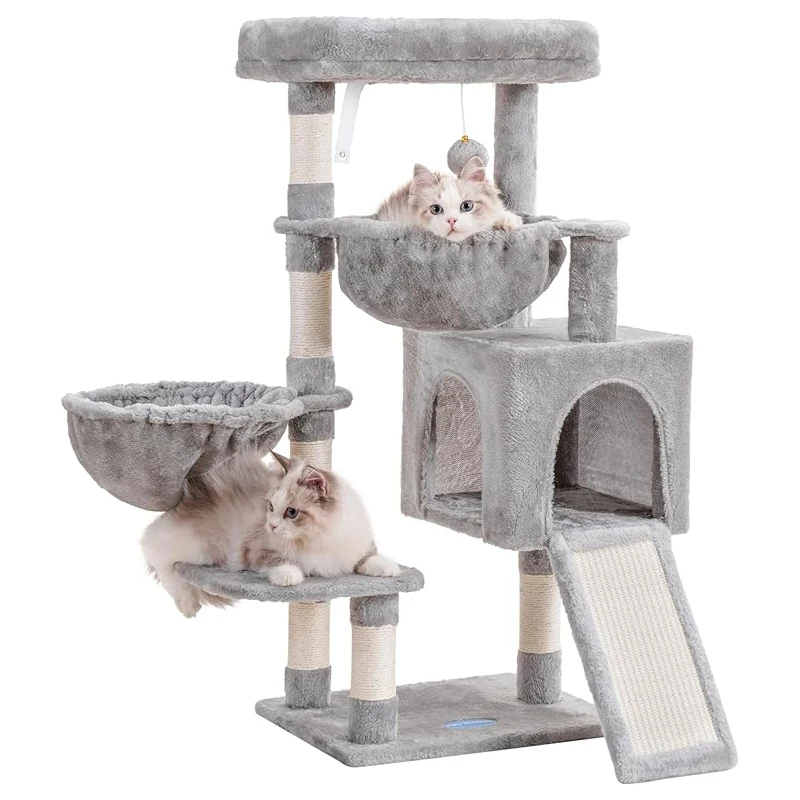 Large Indoor Cat Tree Tower Comfortable Upholstered Bed with Sisal Scratch Post for Apartment Hammock Big Cat House Bed