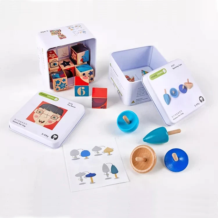 New Design Model Toys Educational 3 To 14 Years Kids Travel Tin Box Pocket Game Gyro Wood Spinning Tops Set