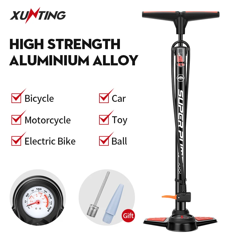 Xunting Customized Aluminum Alloy Floor Air Cycling Pump Hand Air Tire Bicycle Pump Air Bike Pump With Pressure Gauge