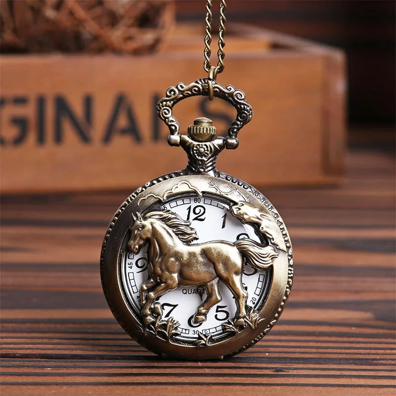 Retro Bronze Hollow out Horse Case Design Quartz Pocket Watch with Necklace Chain Gift for Birthday Christmas