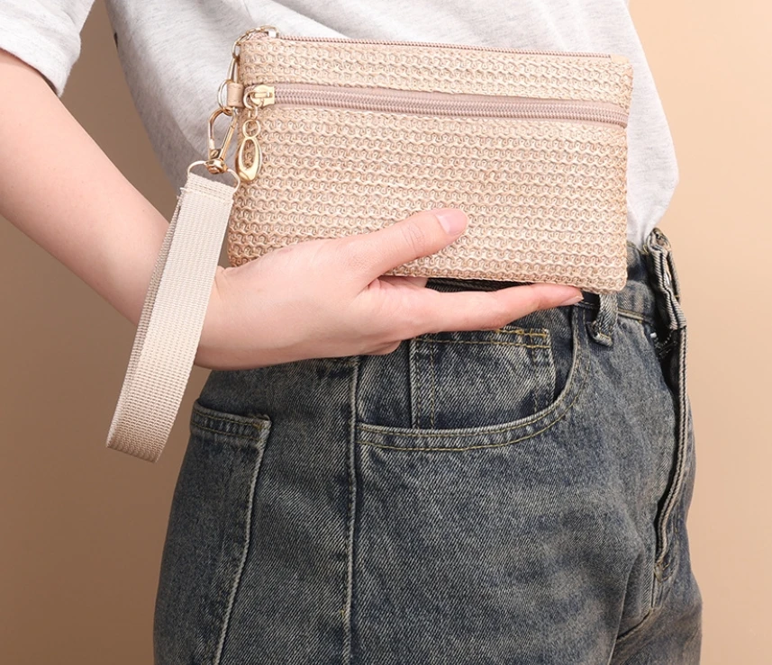 Hot Sale Coin Purse Straw Woven Long Wallet Mini Wristlet Double Zipper Phone Bag Purse For Women