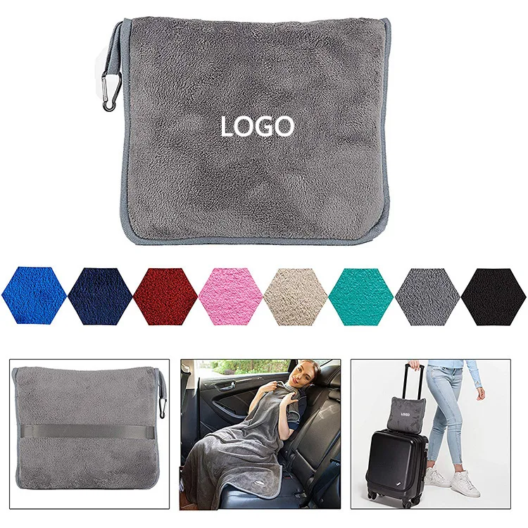 High quality fleece travel blanket and pillow set with zipper foldable portable pillow airplane light flannel blanket