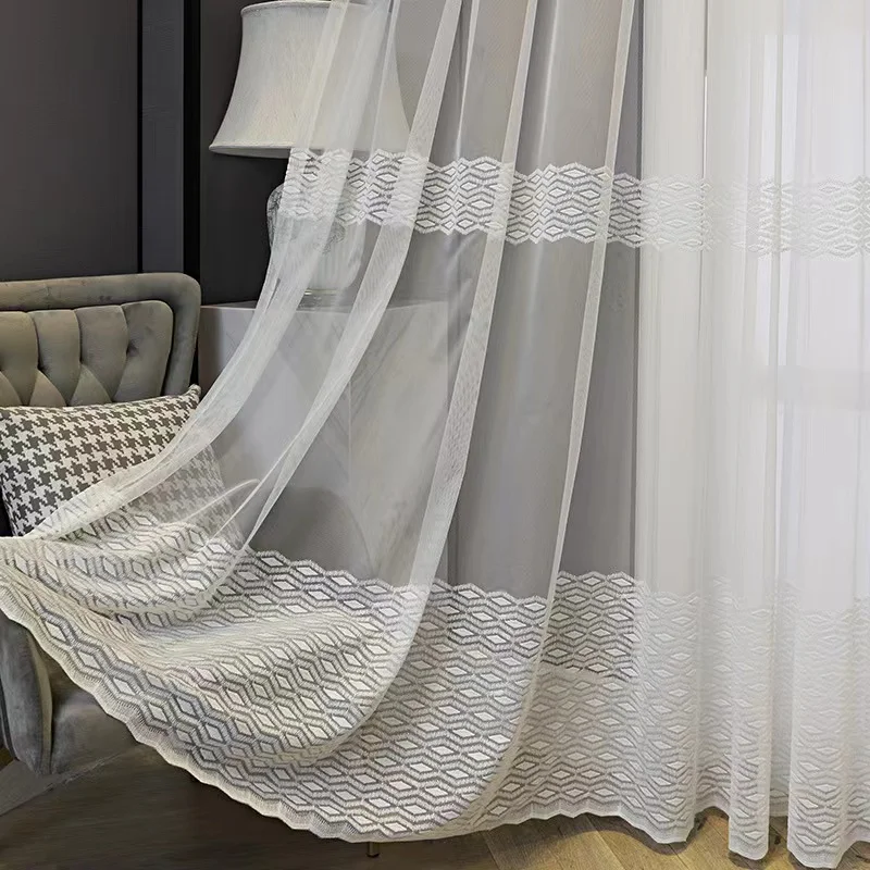 Simple and modern style printing white sheer embroidered voile curtain for bedroom living room