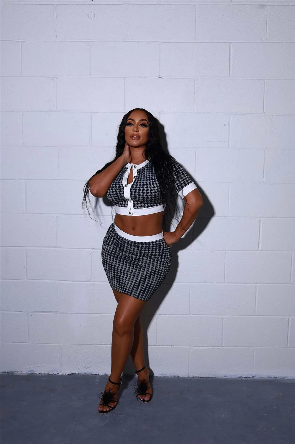 2023 Fashion Sexy Tight Houndstooth Checkered Print Single Breasted Top Short Skirt Women Two Piece Set