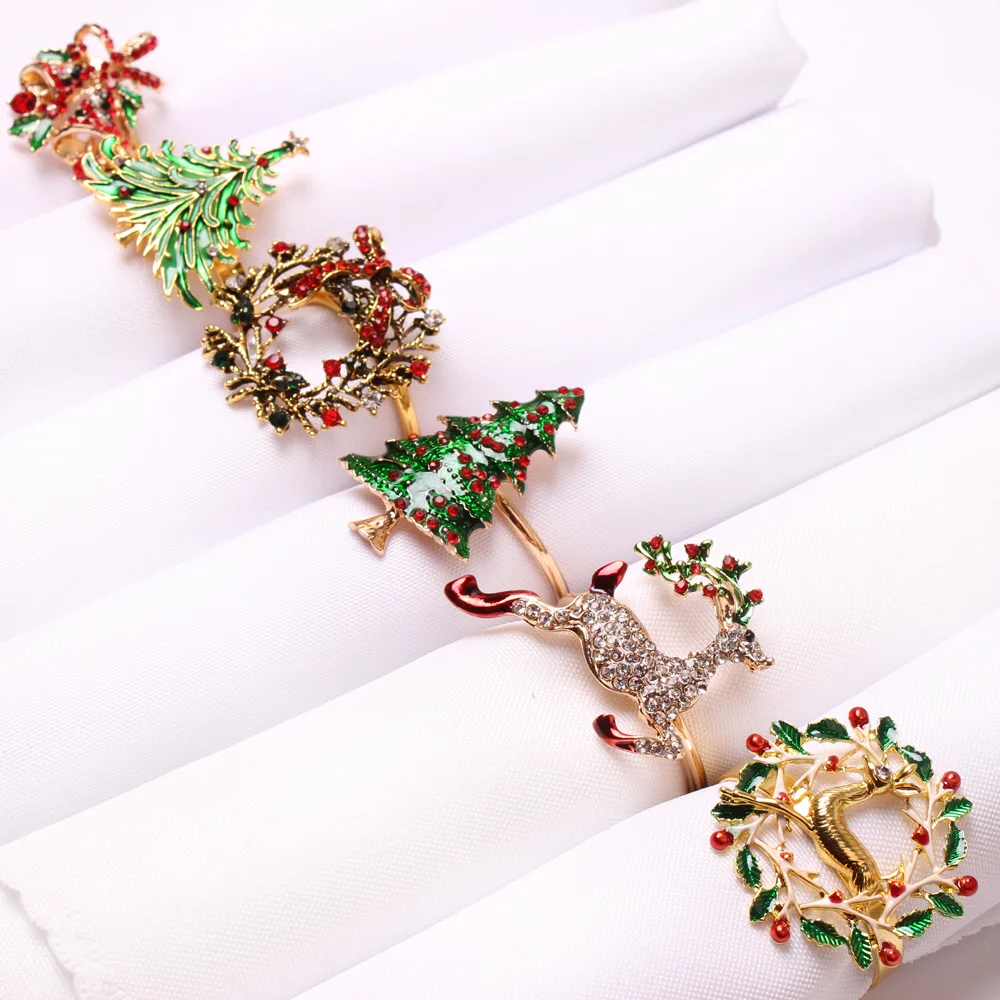 6PCS Xmax Napkin Rings Tree Wreath Rhinestone Napkin Holders for Holiday Dinner Setting and Christmas Party Table Decorations