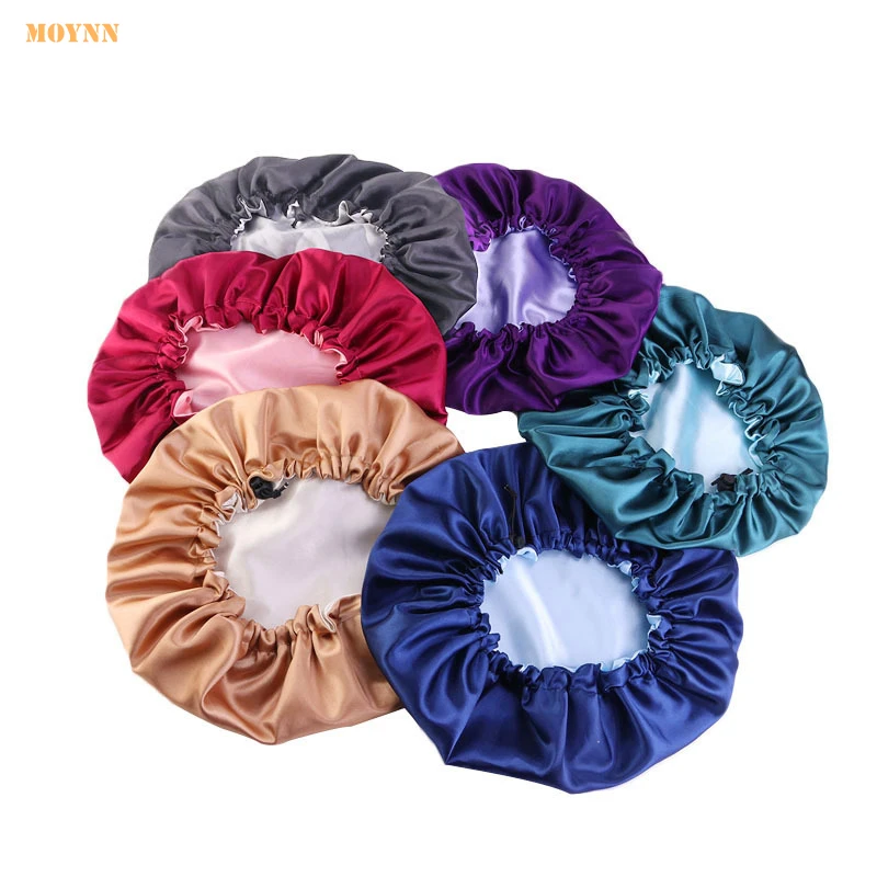 
Amazon wholesale reversible printing nightcap satin lining elastic wide brim turban women silk bonnets with custom logo 