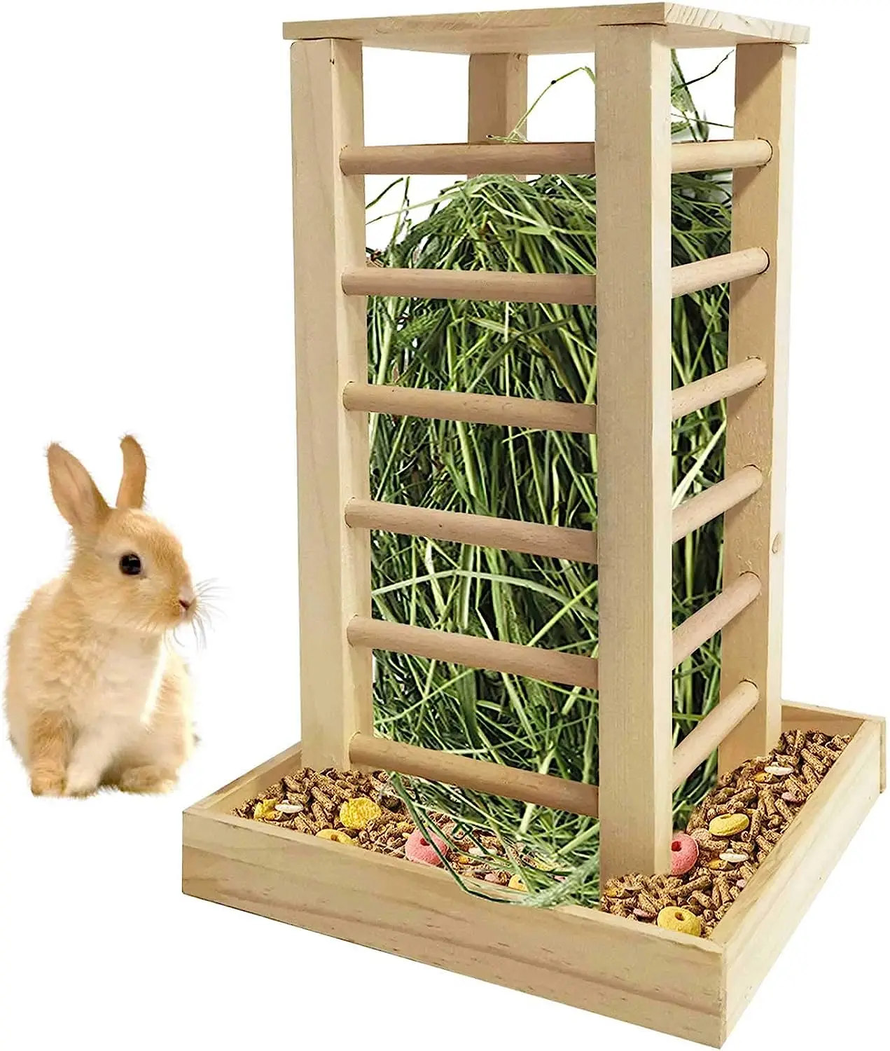 Wooden Hay Feeder Waste Less Food Feeding Rack Standing pet Self-feeding Cage Accessories Rabbit Totoro guinea pig