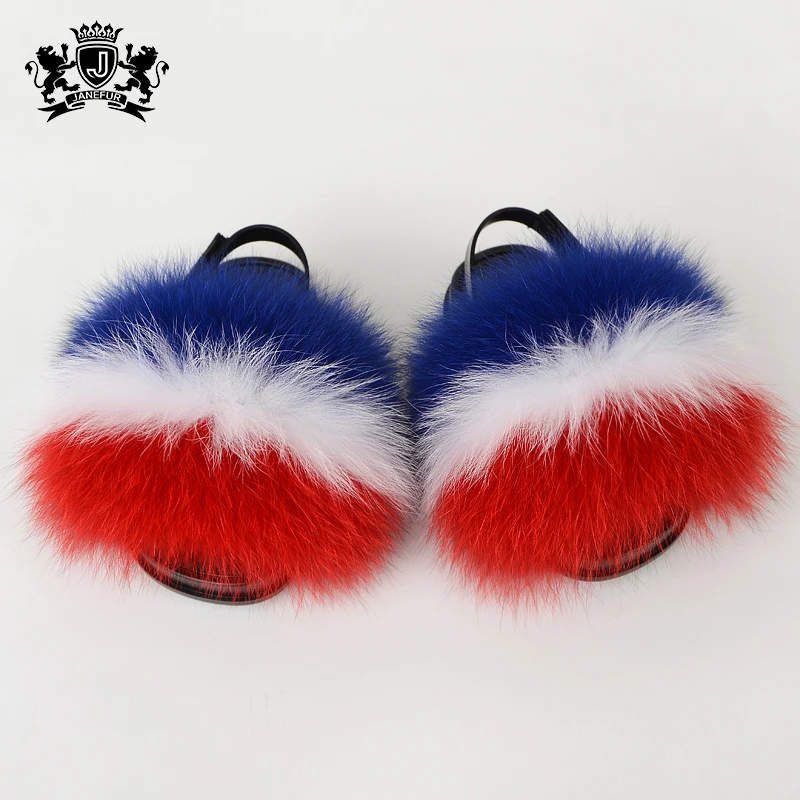 Summer Soft  toddler fox Fur Slides fur sliders with strap Children Fox Fur sandals/kid soft soles slippers
